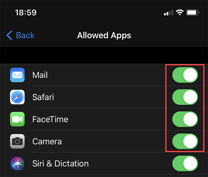 Settings > Content & Privacy Restrictions > Allowed Apps sliders 