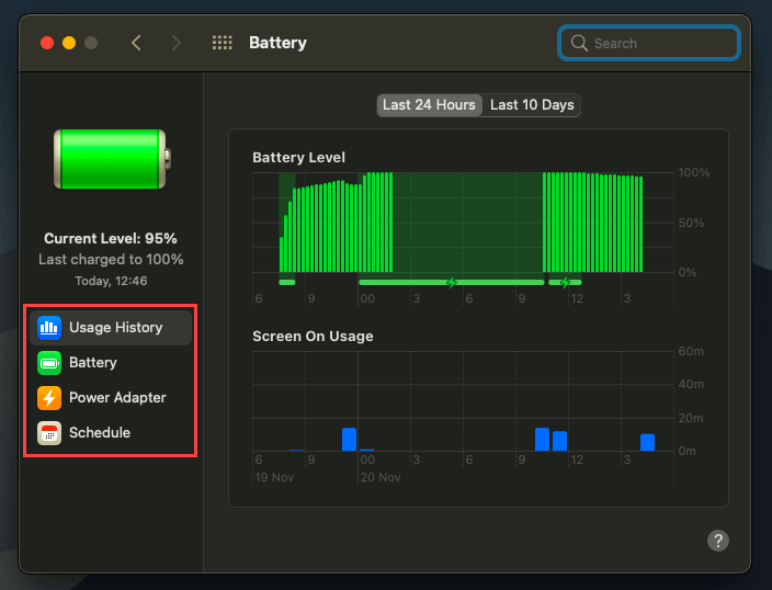 Battery Usage History in Battery settings 