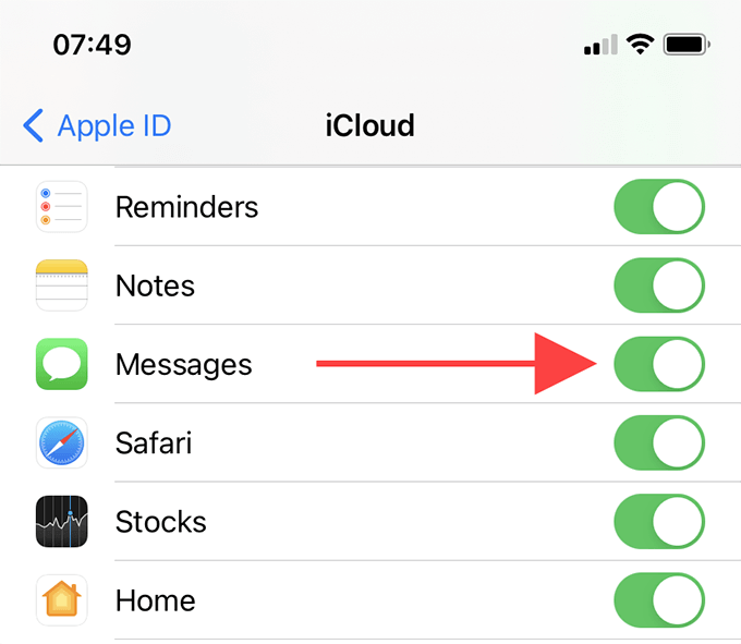 iCloud > Messages switch 