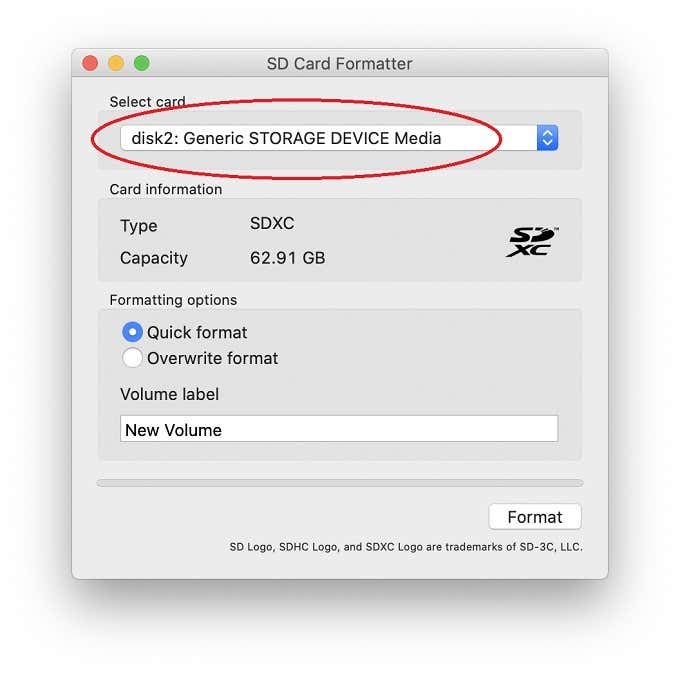 SD Card Formatter window with correct drive selected 