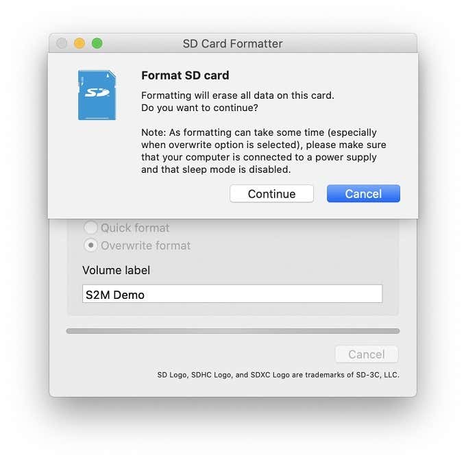 Format SD card confirmation 