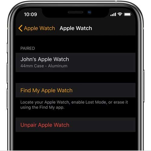 Find My Apple Watch in settings
