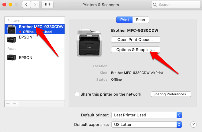 Options & Supplies button in Printers & Scanners window 