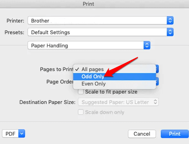 Odd Only selected in Pages to Print