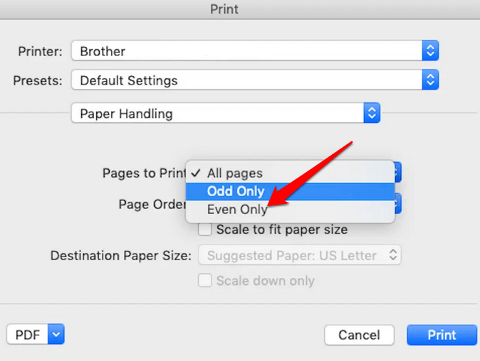 Even Only dropdown in Pages to Print