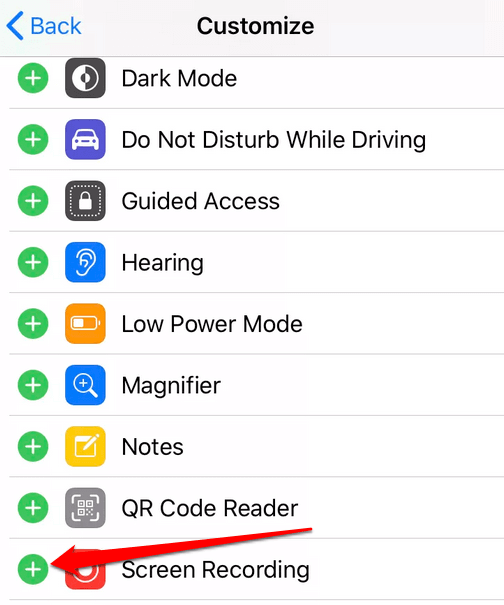 Plus button next to Screen Recording 