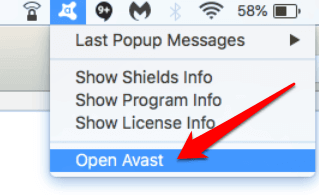 Open Avast in menu 
