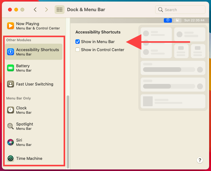 Show in Menu Bar checkbox in Dock & Menu Bar