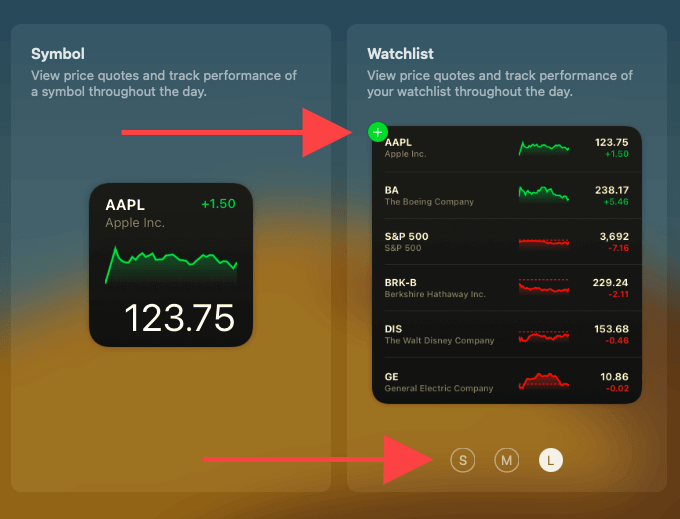 Plus icon and S, M, and L size options