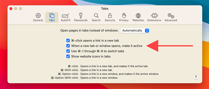 When a new tab or window opens, make it active check box 