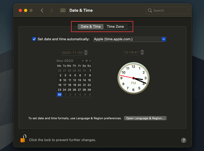 Date & Time tab 