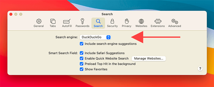 Search section in Safari options