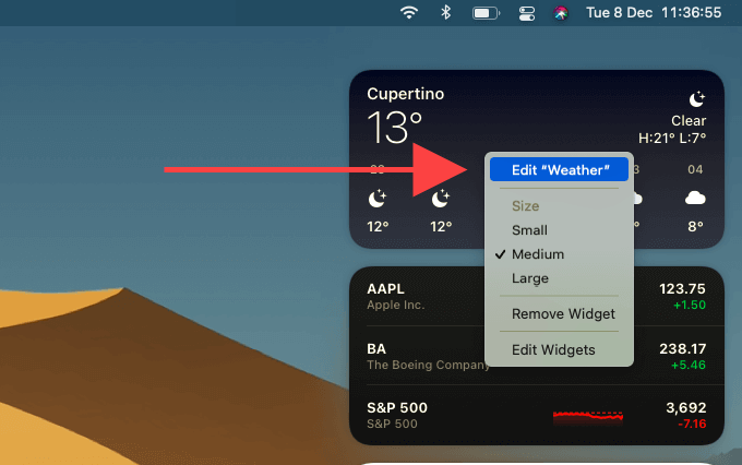 Right-click menu on widget