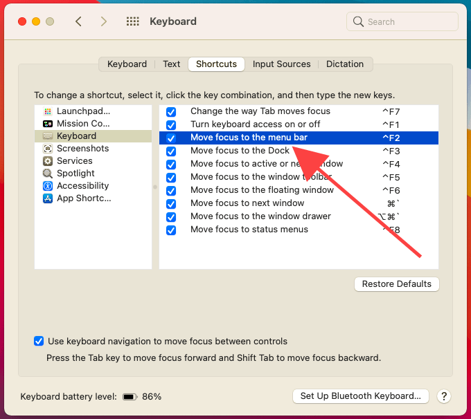 Move focus to the menu bar checkbox in System Preferences > Keyboard > Inputs