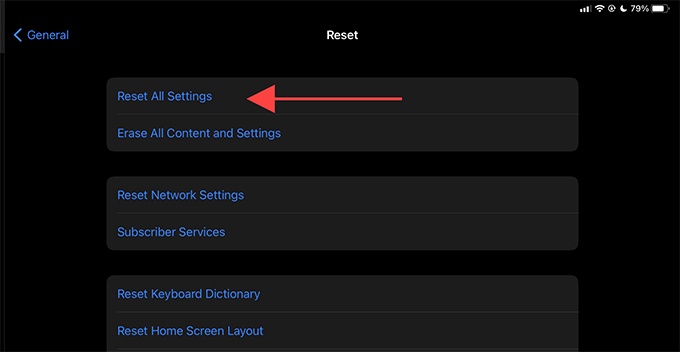 Reset all Settings button  