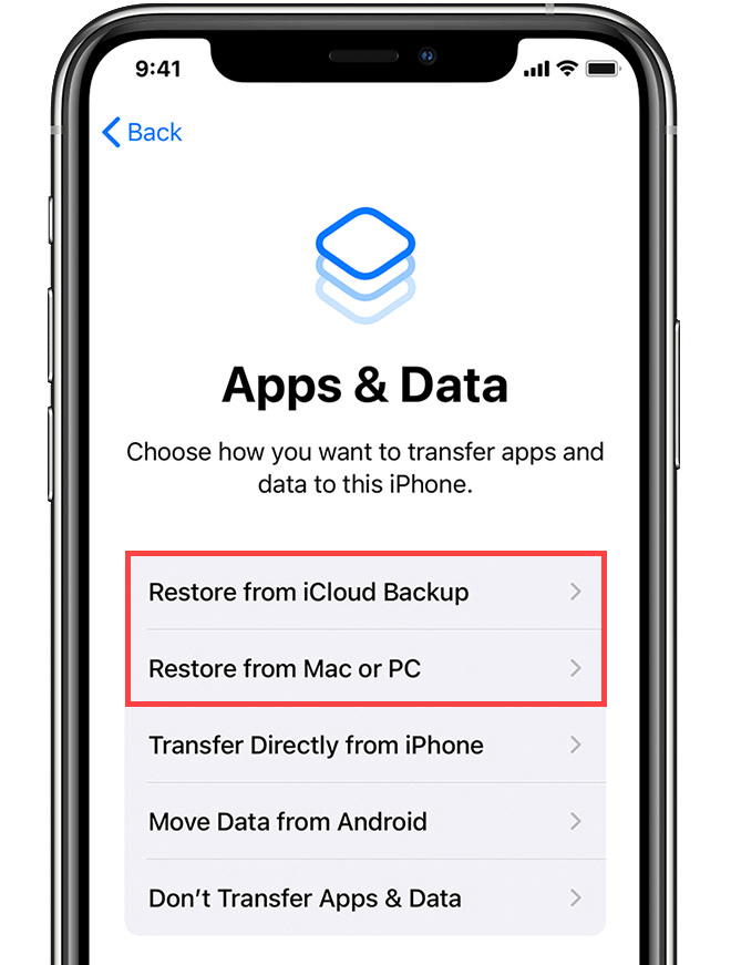 Restore options on Apps & Data screen