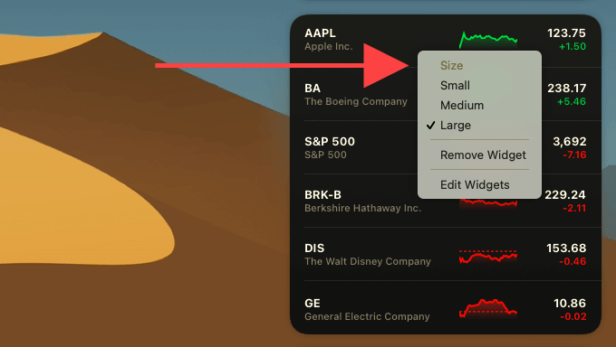 Widget size options (Small, Medium, and Large) in Mac Notification Center