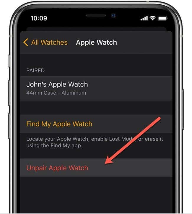 Unpair Apple Watch button 