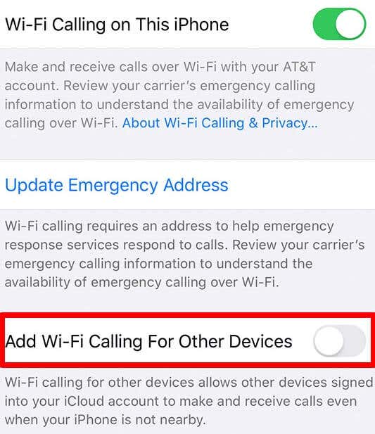 Add Wi-Fi Calling For Other Devices toggle 