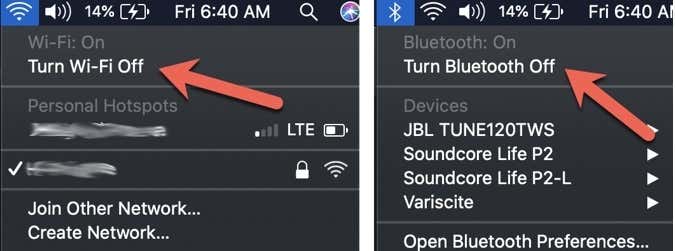 Turn Wi-Fi Off and Turn Bluetooth Off menus 