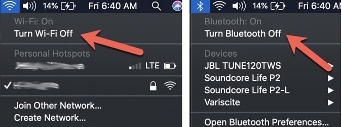 Turn Wi-Fi Off and Turn Bluetooth Off menus 