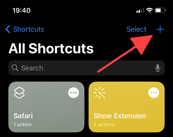 Plus button in Shortcuts 