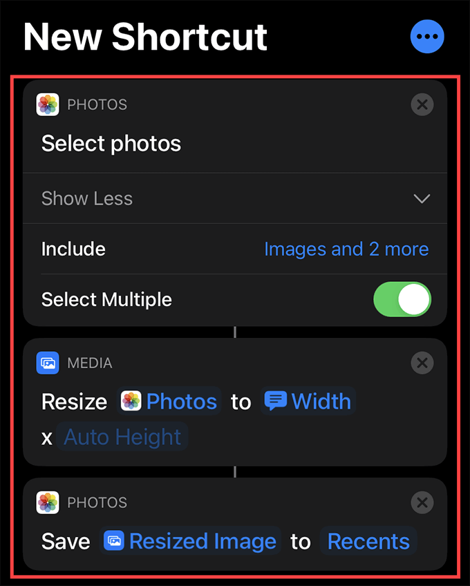 Settings for Photos shortcut