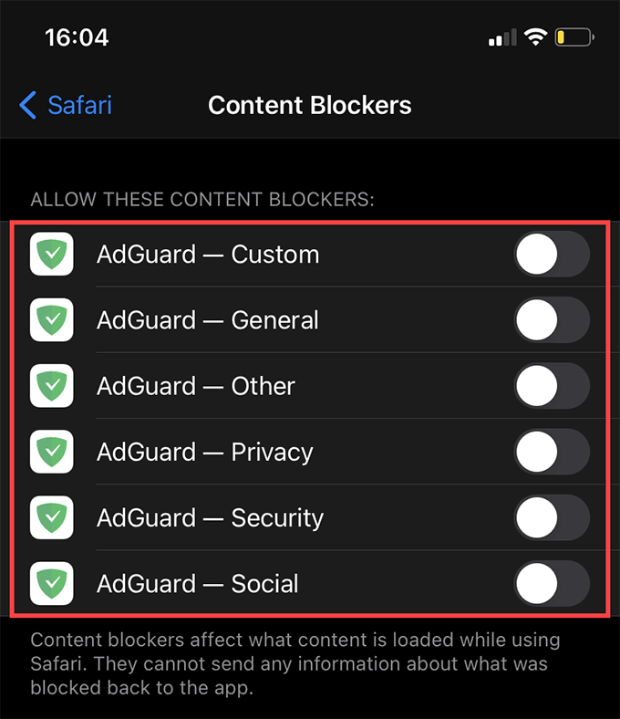 Safari > Content Blockers toggled to off 