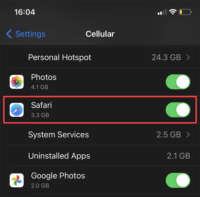 Settings > Cellular > Safari toggled to on