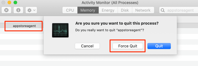 Force Quit button in appstoreagent
