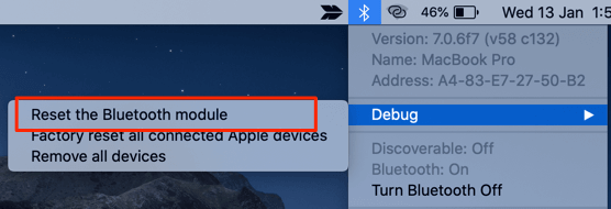 Reset the Bluetooth module in Debug menu 