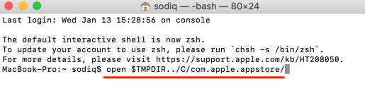 Terminal with command: open $TMPDIR../C/com.apple.appstore/
