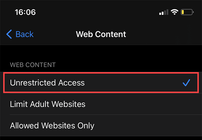 If you can't visit a specific website repeatedly, your iPhone may have Screen Time restrictions in place. To check that, head over to Settings > Screen Time > Content & Privacy Restrictions > Content Restrictions > Web Content with Unrestricted Access setting selected.