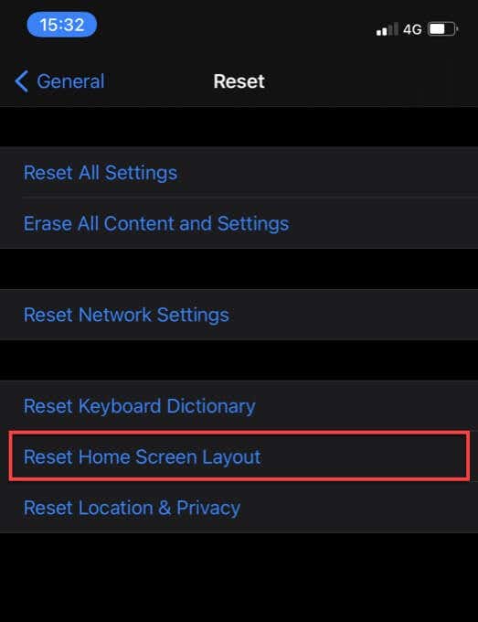 Reset Home Screen Layout button in Reset