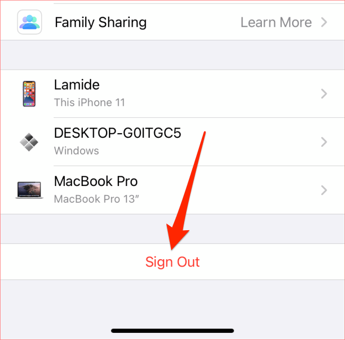 Sign Out button in Family Sharing 