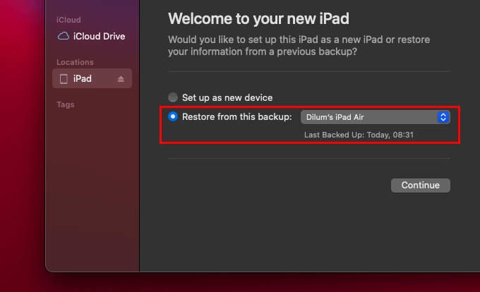 Restore from this backup option 