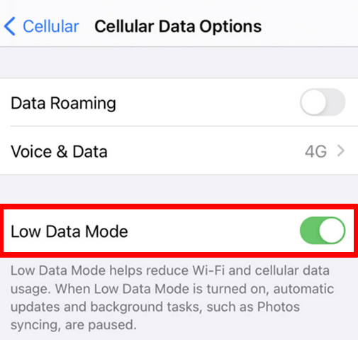 Settings > Cellular > Cellular Data Options > Low Data Mode enabled 