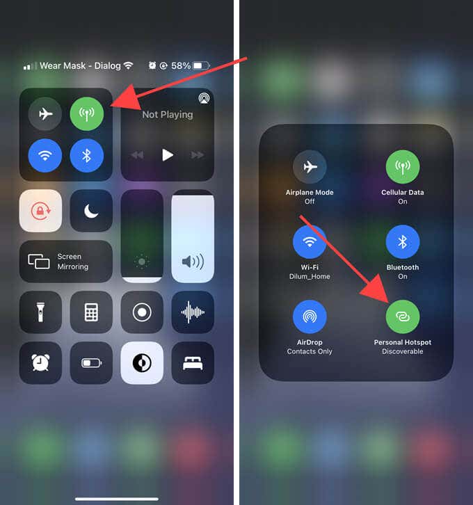 Personal Hotspot in iPhone Control Center