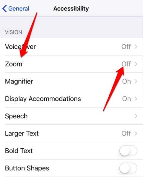 Accessibility > Zoom to off
