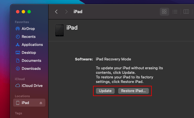 Update or Restore iPad option 