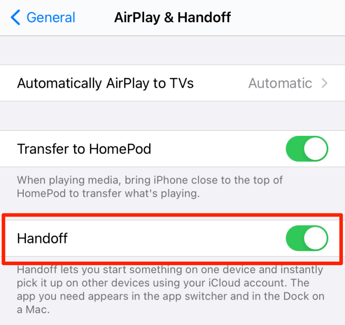 Handoff toggle enabled 