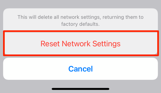 Reset Network Settings confirmation screen 