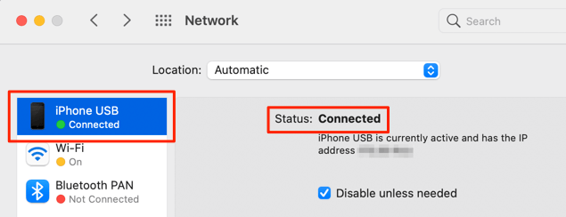 iPhone USB status: connected