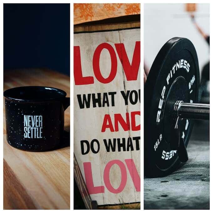 Never Settle, Love What You Do and Do What You Love, and Dumbbell lock screens