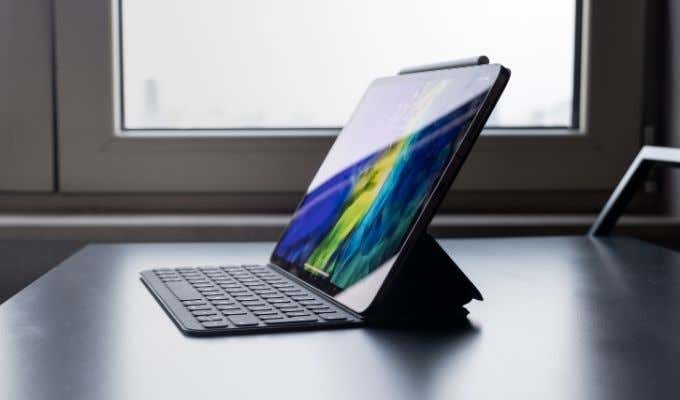 An iPad in a stand