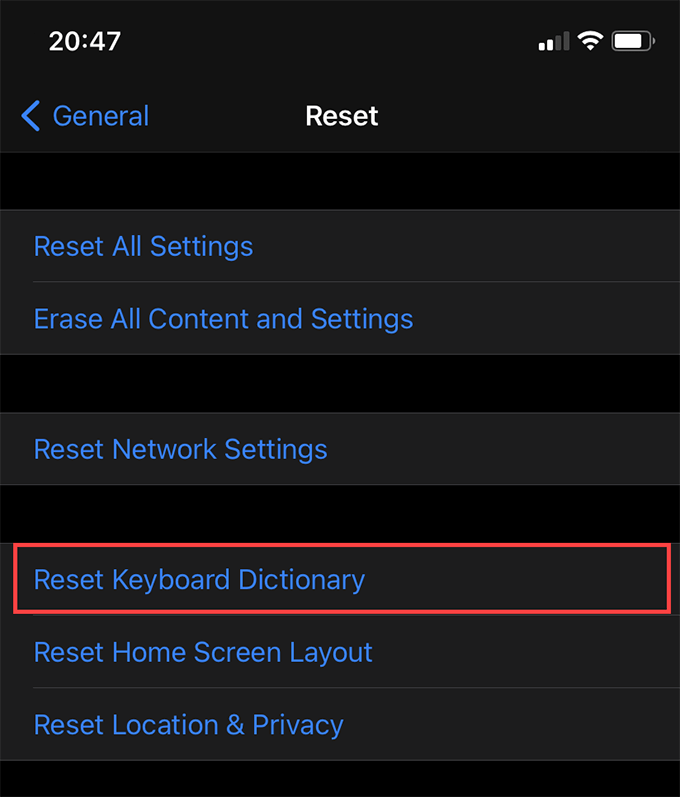 Reset Keyboard Dictionary button 