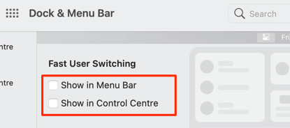 Show in Menu Bar and Show in Control Centre options 