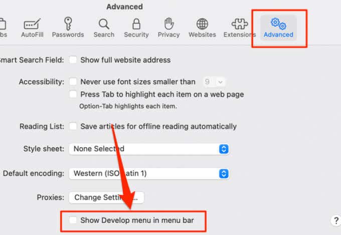 Advanced > Show Develop menu in menu bar