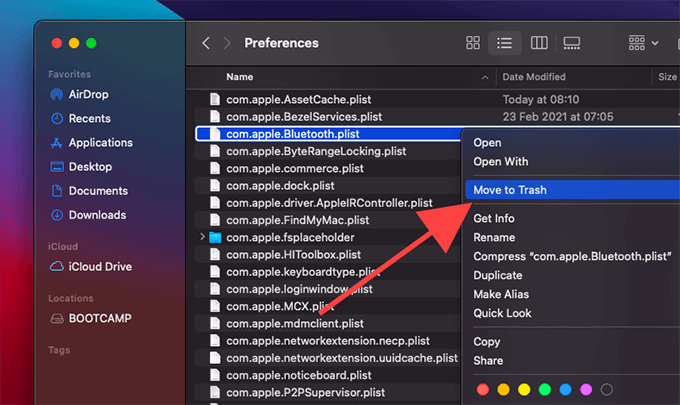 com.apple.Bluetooth.plist control-clicked and Move to Trash selected