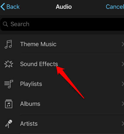 Titles > More Options > Audio > Sound Effects. 